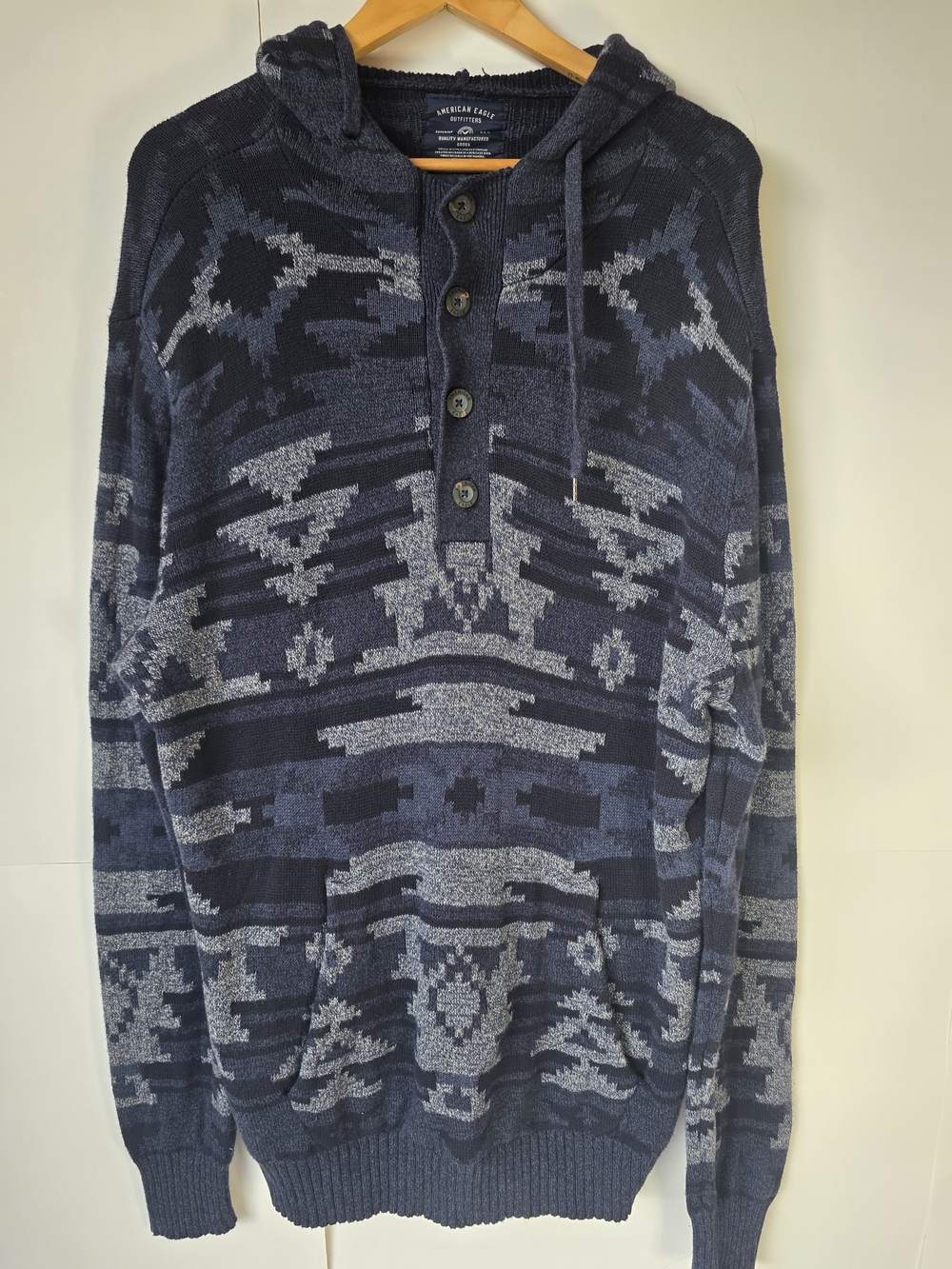 American Eagle Outfitters M Navy Aztec Pattern Henley Knit Hoodie Sweater Cotton